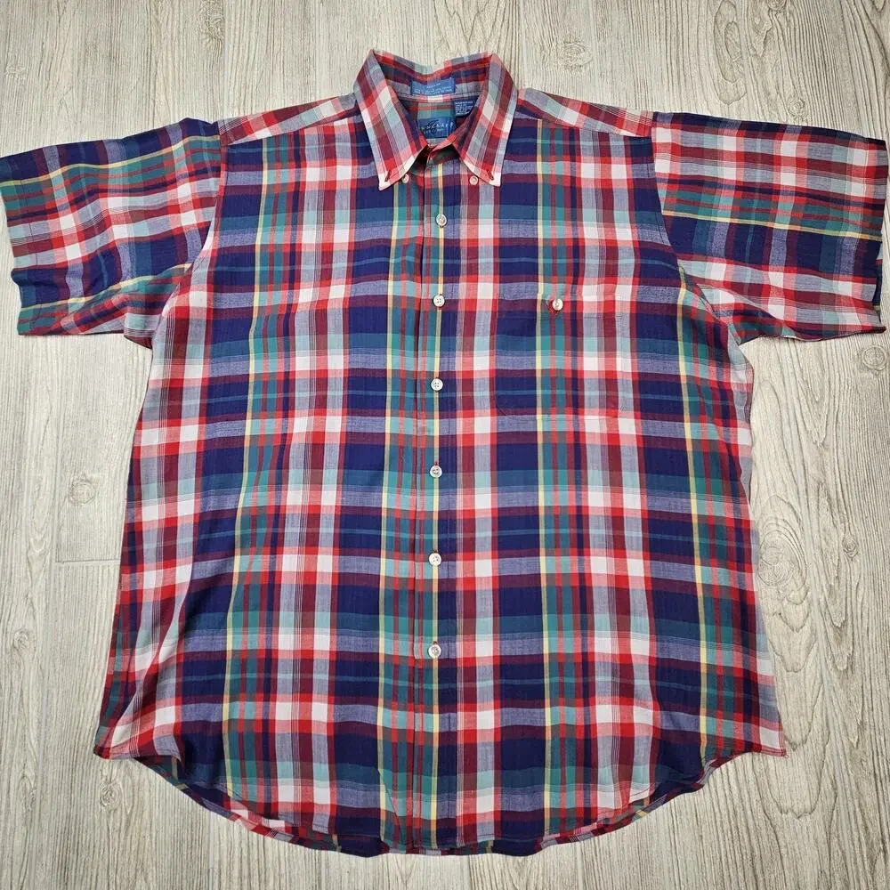 Towncraft Shirt Mens Extra Large Red Blue Plaid Short Sleeve Button‎ Up Pocket